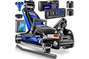 MASKO® Cric hydraulique Hauteur de Levage Plate + 2X Coussinets en Caoutchouc + Gants Cric de manœuvre Automobile hydraulique à Rouleaux 360° Cric sous châssis 2.5 Tonnes - Bleu