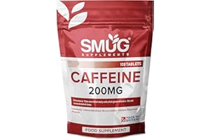 SMUG Supplements Caffeine Tablets - 100 Fast Release 200mg Pills - Improve Focus and Boost Performance and Energy - Vegan Friendly - Made in Britain