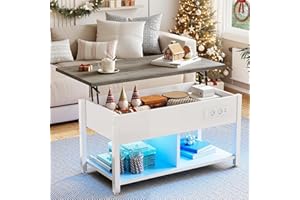 ‎YITAHOME YITAHOME Couchtisch mit Anhebbarer Platte, Leicht Anzuheben, 2-Stufiger Stauraum, Höhenverstellbarer Couchtisch mit Verstecktem Staufach und LED Beleuchtung für Wohnzimmer, Büro, Weiß&Grau