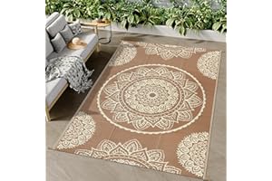 Famibay Tappeto da esterno per patio, impermeabile, 150 x 245 cm, reversibile, in plastica, resistente ai raggi UV, portatile, per interni, per camper, balcone, picnic, marrone, beige