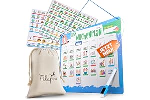 Filapen® Wochenplaner Kinder - Montessori Magnettafel inkl. 209 Magnete, Stoffbeutel, Stift & Kordel - Aufgabenplaner Komplett beschreib- und abwischbar - Fördert die Selbstständigkeit