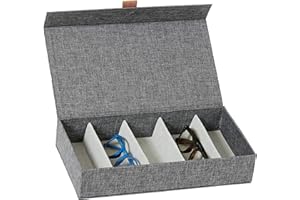 LOVE !T STORE !T LOVE IT STORE IT Premium Custodia Occhiali in Lino-Cotone - Portaocchiali con 5 Scomparti in Velluto - Coperchio con Chiusura Magnetica - Rinforzo in Legno - 30x17x6 cm - Grigio