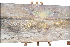 YS-Art Abstract seascape hand painted painting Dawn on the sea Modern artwork with texture gold beige blue color Wall decor 48x24 inch