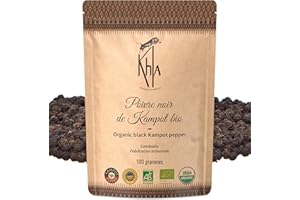 ‎KHLA Khla - Kampot Pfeffer Schwarz Bio 100g - Schwarzer Pfefferkörner Ganz Biologisch - Grand Cru - Zutat Küchen - Direkt vom Erzeuger - Schwarze Körner Ganze für Mühle - Herkunft Kambodscha
