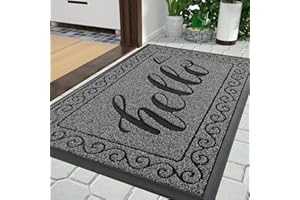 Yimobra Hello Front Door Mat, Heavy Duty Easy Clean Doormat Indoor Outdoor, Waterproof Quick Dry Floor Mat for Home, Garage, Hign Traffic Areas, Non Slip, Low Profile, 75x43 cm,Black Gray