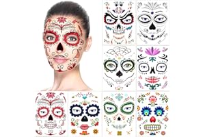 Halloween Tatouages Temporaires pour visage (8 Feuilles), Howaf Crâne mort Floral Squelette Noir Tatouages éphémères Pour homme femme adulte Enfants Halloween Déguisement Costume Maquillage