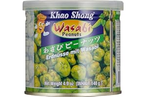 ‎KHAO SHONG Khao Shong Erdnüsse mit Wasabi, knackige Erdnüsse im scharfen Teigmantel, knuspriger Snack für unterwegs, mittlere Schärfe, 1 x 140 g Dose