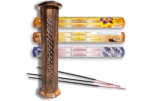 MUNDO AVIOS Kit Soporte Quemador Porta Incienso con Varillas para Quemar, Sticks Palo Santo, Floral y Lavanda. Caja de Madera Natural para Varilla y Cono. Diferentes Packs de quemadores de inciensos para Elegir.