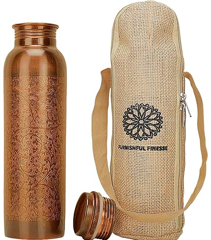India House Bouteille D'eau En Cuivre Pur Pour Boire – Bouteille D'eau En Cuivre à Motif Floral De 946 Ml Avec Couvercle Anti-fuite Et Sac De Transport – Grand Récipient à Eau