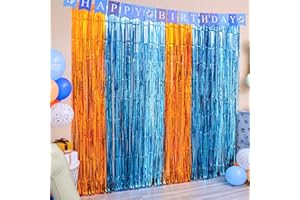 LOLStar Blue Dog Foil Fringe Curtains, Blue Dog Birthday Party Supplies, 2 Packs of 3.3x6.6 ft Orange Blue and Light Blue Tinsel Photo Booth Prop, Streamer Backdrop for Blue Dog Theme Party Decoration