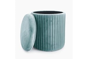 Norbe | Pouf Contenitore Velluto Cilindro Sgabello a Coste Poggiapiedi Scrivania Toeletta Trucco Poltroncina Bimbi Da Camera o Salotto poggiapiedi Comodino poltrona Flu (Azzurro Big)