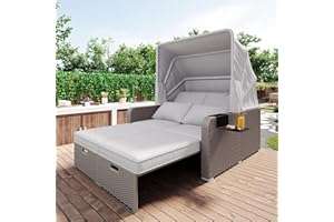 Laxnb Poly Rattan Gartenmöbel Set Garten Lounge Möbel, Doppelsofa Lounge mit Verstellbare Markise und Kissen, Sonneninsel für Garten & Pool, Gartensofa Balkonmöbel (Khaki)