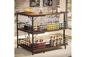 Tribesigns Tavolo da bar a forma di L, tavolo da bistrot per liquori a 3 livelli con scaffale portabottiglie e portabicchieri, tavolo da cucina angolare, per soggiorno, cucina, marrone rustico