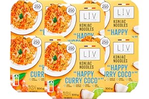 LIV HAPPY FOOD LÏV Happy Food - Plat Cuisiné Individuel Curry Coco aux Nouilles de Konjac - Pâtes sans Gluten - Plante Konjac & Farine d'Avoine - Gluten Free, Faible en Calorie - 6x300g