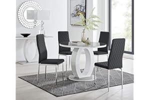 Furniturebox UK Giovani Modern Stylish Grey/White High Gloss and Glass 100cm Round Dining Table and 4 Contemporary Milan Chairs Set (Dining Table + 4 Black Milan Chairs)