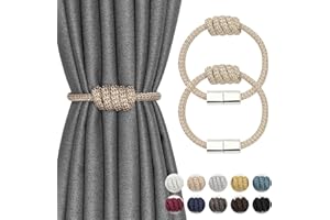Pretty Jolly 2 Pack Mini Magnetic Curtain Tiebacks Modern Simple Style Drape Tie Backs Elegant Hand Weave Rope Knot Decorative Curtain Holdbacks for Home & Office Window Drapery (Beige)