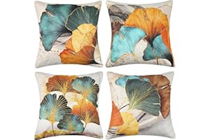 ETOLISHOP Fundas de Cojín 50x50 Fundas de Cojines Lino Verde Azulado Color Dorado Petróleo Ginkgo Fundas Cojines Funda de Almohada del Sofá para Sofá Coche Dormitorio Moderno Salón Patio Exterior Jardin 4PCS