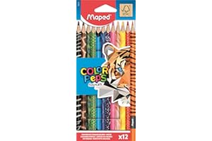 Maped - Crayons de Couleur Color'Peps Animals FSC - Crayon de Coloriage Triangulaire Ergonomique - Crayons Décorés Animaux - Pochette de 12 Crayons en Bois Certifiés FSC, 12, 1 Unité (Lot de 12)