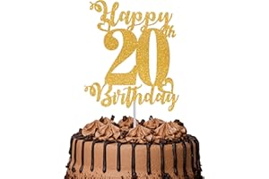 TOYVENTURES 1Pc Happy 20th Birthday Cake Topper Glitter Cheers to 20 Years Cake Topper 20 Fabulous Cake Decoration for Happy 20th Birthday Party Cake Decorations Supplies Gold