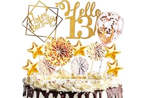 HCSSZ Tortendeko Geburtstag, Happy Birthday 13 jahre Kuchendeko junge mädchen, 13. Cake Topper, Cupcake Topper mit Sternen Konfetti-Luftballons und Papierfächer für 13 Geburtstag