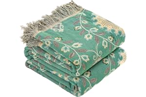 HOORDRY 100% Baumwolle Boho Decke 200x230CM,Doppelseitig gewebte tagesdecke mit Fransen Couchdecke Sesseldecke Wohndecke Wendedecke Kuscheldecke Sofadecke mit Muster,Sonnenblumen,Grün/Beige