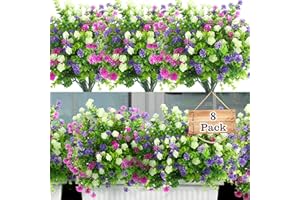 ALAGIRLS Artificial Flowers for Outdoor UV Resistant 8 Bundles, Plastic Fake Outdoor Plants & Flowers for Decoration Indoors, Faux Flowers Bulk Home Garden Wall Party Decoration, White Fuchsia Purple