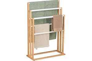 ‎RELAXDAYS Relaxdays Wieszak na ręczniki, 6 drążków, bambus, wys. x szer. x gł.: 82 x 55 x 24 cm, wolnostojący, łazienkowy wieszak na ręczniki prysznicowe, naturalny/biały