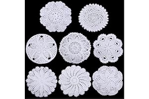 Chuangdi 8 Piezas Tapetes de Encaje de Algodón de 6 a 8 Pulgadas Posavasos de Encaje Hechos a Mano de Ganchillo Mantel Individual Redondo de Encaje Decoraciones de Tapetes Rústicos de Mesa (Blanco)