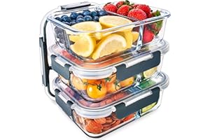 Igluu Meal Prep - Recipientes de vidrio de 3 compartimentos con tapas herméticas SnapLock - Almacenamiento con control de porciones - Sin BPA - Apto para microondas, lavavajillas y horno [set de 3]