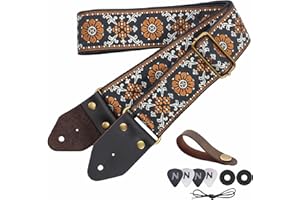 Nefelibata Guitar Strap, 2" Jacquard Embroidery Cotton Guitar Straps with Crazy Horse Leather Ends for Bass, Electric & Acoustic, Gifts for Children, Guitarists, E#-retro yellow flower embroidery