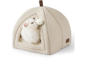 Bedsure Panier pour Chat Grande Tanière - 40 x 40 x 40 cm Maison d'Intérieur Niche Chat avec Coussin Sherpa Amovible et Jouet Suspendu, Panier Lavable, Beige