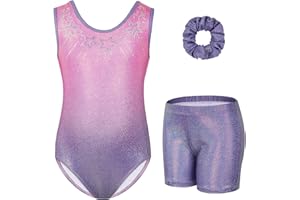 Gogokids Ensemble de Gymnastique Trois Pièces pour Filles, Justaucorps Sans Manches avec Shorts et Bandeau, Tenue de Gymnastique avec Design de Couleur Scintillants Dégradée pour 3 à 12 Ans