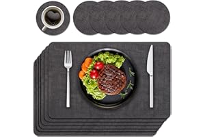 Purejoy Placemats and Coaster Sets 6, Christmas Table Mats PU Leather Heat-Resistant Washable and Non-Slip 43 * 30 cm Dinner Table Mats Set of 6 for Kitchen Table Mat Indoor Outdoor (Grey)