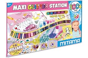 Cajas juego MITAMA - Creangolo - MAXI GLITTER STATION - 100 unidades: polvos, pegatinas, colecciones, gemas, para papel, textiles y zapatos - Juegos creativos para niños, niñas - juegos educativos