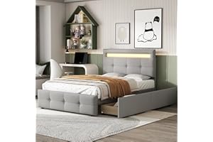Rtopsu Polsterbett Einzelbett 90x200 cm mit LED-Leuchten Kopfteil, Kinderbett Jugendbett mit 2 Stauraum Schubladen, Bett Bettgestell mit Lattenrost aus Holz, Leinen, Grau, Ohne Matratze