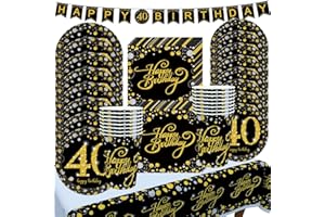 GOLDNICE Piatti Compleanno 40 anni Uomo Donna, Set Piatti e Bicchieri con Tovaglia per Festa Compleanno 40 anni, Stoviglie Oro Nero con Tovaglioli, Striscione, Decorazioni 40 anni Compleanno Addobbi, 16 Ospiti