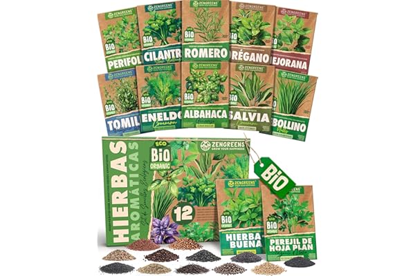 ZenGreens® - Set de semillas de hierbas bio - 12 variedades para cultivar fácilmente en el jardín, balcón o parterre elevado - Plantas aromáticas - Sementes verduras
