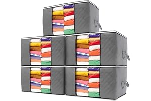 Stackzy Large Clothes Storage Bags – Sturdy Fabric Closet Organiser – Foldable Storage Solution for Closet or Underbed – Storage Bin with Reinforced Handles – 5pcs, Grey 90L Capacity