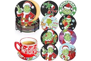 Mupmod 8 Pcs Christmas Diamond Painting Coasters with Holder, DIY Grinch Diamond Art Coasters Christmas for Beginners,Adults & Kids Art Craft Supplies