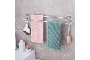 JS Porte Serviettes Salle de Bains Auto-Adhésif Acier Inoxydable SUS304 Barres Porte Serviettes Mural Adhesif pour Douche et Cuisine, Étanche Barres Porte avec Crochet Double Bars-60cm