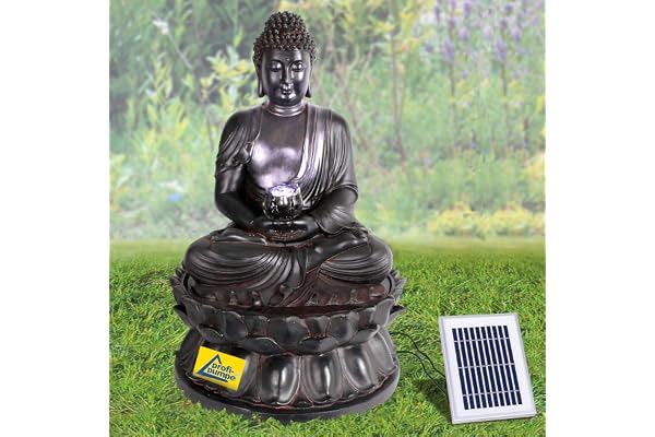 Fontaine à Eau Solaire Zen Bouddha-ÉTERNITÉ avec Lumière LED et Batterie Li-ION - pour Votre Jardin, Balcon, Terrasse - Lâcher Prise Vivre l’Instant PRÉSENT Jour et Nuit