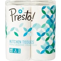 Amazon Brand - Presto! 2 Ply Kitchen Tissue/Towel Paper Roll - 4 Rolls (60 Pulls Per Roll)