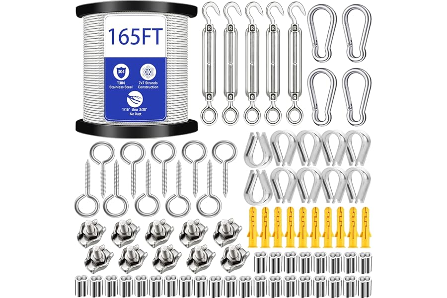 50M 304 Stainless Steel Garden Wire Rope | Heavy Duty Rust-Resistant Climbing Plant Support Kit with 20x M5 Vine Eyes & Fixings | Outdoor Catenary Cable for Wisteria, Balustrade, Trellis, Hedges