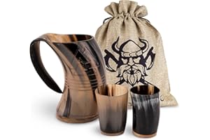 VIKING CRAFT® Jarra vikinga con cuerno de 600 ml – Jarra de cuerno grande Odin y 2 vasos vikingos para tu aguamiel vikingo – Cuerno, decoración vikinga, juego de cuerno medieval, LARP, cuencos