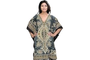 Exotic India Printed Short Boho Kaftan with Dori at Waist - 66.0 In. Bust35.0 In. Length