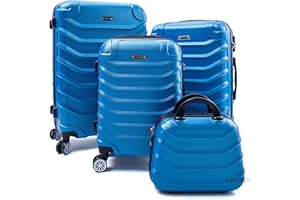 R.Leone Valigia Set 4 Trolley Rigido grande, medio, bagaglio a mano e beauty case 8 ruote in ABS 2026 (Azzurro scuro, Set 4 XS S M L)