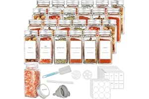 Lannvan 25pcs Botes Especias Cristal - Cuadrado Botes para Especias - 120ml Frascos Especiarias Cuadrados - Spice Jars - Tarros Especias incluir Tamiz, Embudo, Cepillo Limpieza, Etiquetas y Bolígrafo