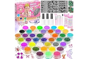 Frasheng Kit Tatouage Paillettes Enfant - 41 Couleurs,136 Pochoirs,218 Strass,Non-toxique, Maquillage Temporaires,Pour Carnaval,Cadeau Fille