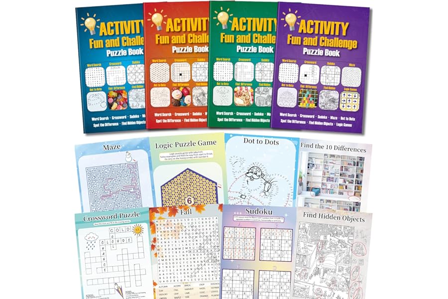 Elfew 4 Pack Adult Activity Book, Puzzle Books for Adults, 150+ Brain Games, Brain Teaser Puzzles,Memory Game, Dementia Activities for Adults, Seniors, Includes Word Search and More