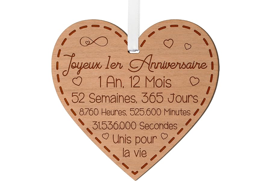 Cadeau Anniversaire de Mariage 1 an pour Couple, idée pour Homme et Femme | Noces de coton, cœur gravé en bois de cerisier, 1